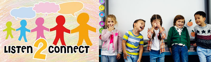 Listen to Connect Logo next to picture of children laughing in front of a white board